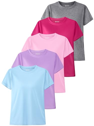 JORHIG 5 Pack Girls Shirts Athletic Dry-Fit T-Shirts Short Sleeve Summer Crew Neck Tops for Girls Kids Teens Set D 10-12Y