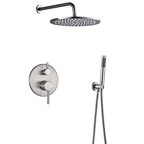 Colonne de douche nickel brossé avec tête ronde 30cm pour une salle de bain moderne