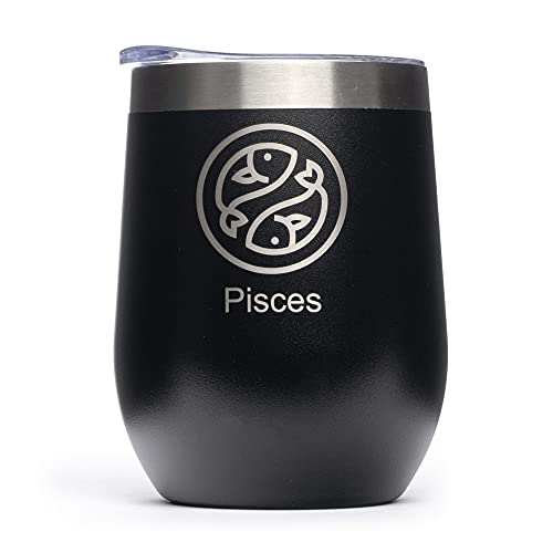 Wine Tumbler 12oz, Vacuum Insulated Double Walled Stainless Steel Coffee Mug and Wine Glass with Lid, Durable Coffee Mug Astrology Zodiac Birthday Gift (Pisces)