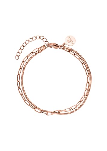 Purelei Pulsera doble elegancia, combinación de cadena de eslabones y cadena de serpiente, resistente al agua y ajustable, acero inoxidable chapado en oro de 14 quilates, chapado en oro rosa de 18
