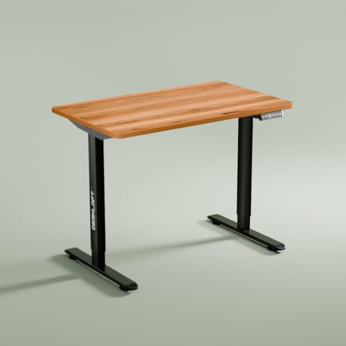 Image of Height Adjustable Electric Standing Desk | Ergonomic Sit Stand Workstation with Walnut Wood Grain Desktop | Motorized Computer Desk for Home Office (Black Frame & Brown Top, 1200 x 600 mm)