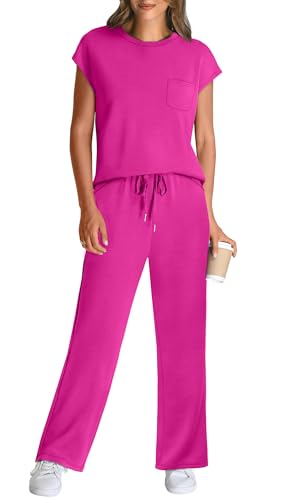 image for WIHOLL Summer Sets for Women Cap Sleeve Loungewear Crew Neck Wide Leg 