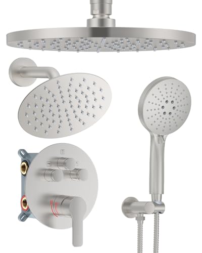 Shower System with Pressure Balance Valve, 10" Ceiling Mount Shower Faucet Set with 2 Rain Head and Multi-function Handheld Push Button Diverter Valve Kit,Brushed Nickel