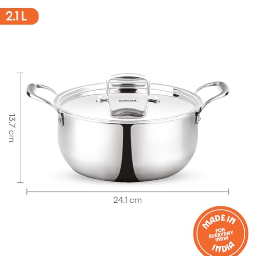 Image of Borosil Cookfresh Tri-ply Casserole 18cm (2.1 L) Steel Handle | SS304 Food Grade Steel, Dishwasher Safe | Compatible for Gas, Induction, Hot Plate, Halogen | 5 Years Warranty