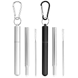 Foweroty Collapsible Stainless Steel Drinking Straws with Aluminum Case, Cleaning Brush, and Keychains（Black+Silver）