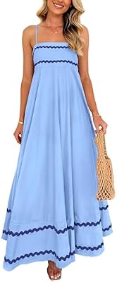 PRETTYGARDEN Women's Summer Spaghetti Strap Boho Maxi Dress,Light Blue,S