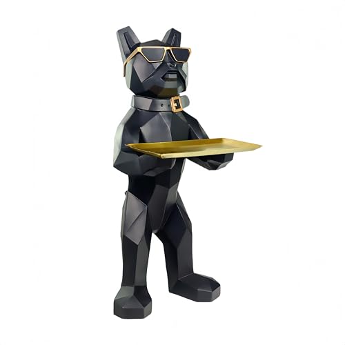 BEGORGEO French Bulldog Butler Statue 34”H Black Gold Tray Entryway Decor