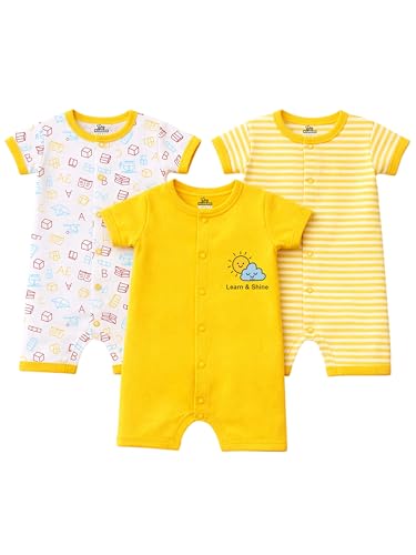Image of Kidbee Infant Cotton Romper Set Pack of 3, Half Sleeve Front Open Bodysuit Jumpsuit for Baby Boys & Girls, 0-9 Months
