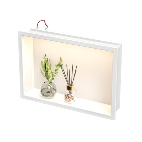 Bernkot Led Shower Niche 18" X 12" White 304 Stainless Steel with Lighting Waterproof No Tile Need Shower Shelf for Bathroom Recessed Wall Shelf Horizontal Niche
