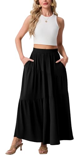 GRECERELLE Women's Balck Maxi Skirt Casual Flowy Tiered A-Line Elastic High Waist Long Skirts with Pockets for Summer Beach Vacation, XS Black — view 5