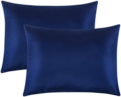 FLXXIE 2 Pack Zipped Satin Standard Pillowcases for Hair and Skin, Silky and Super Soft (20"x26") Zippered Satin Pillow Cases, Navy Blue, 20x26 Inches
