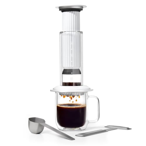 AeroPress Premium koffiepers – glas, roestvrij staal & aluminium alles-in-één French Press, handmatige filter- & espressomaker. Zet in 2 min een minder bittere, smaakvollere kop koffie, Weiß