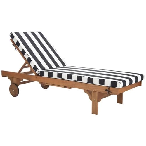 Image of SAFAVIEH Outdoor Collection Newport Natural / Black & White Stripe Cushion Built-in Side Table Adjustable Chaise Lounge Chair