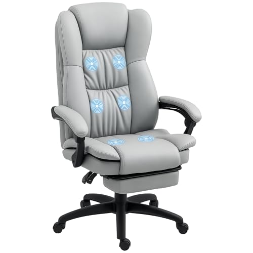Vinsetto Silla de Oficina con 6 Puntos de Masaje Vibratorio, Silla de Escritorio Giratoria con Respaldo Reclinable 135º, Altura Ajustable, Reposapiés Retráctil y Control Remoto, Gris Claro