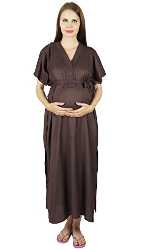 Bimba Maternity Kaftan Belt Nursing Night Gown, Front Buttons Brown #TOP2