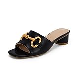 Coutgo Women's Slide Sandals Square Open Toe Slip on Comfortable Mules Block Low Heel Metal Chain Dressy Shoes, Black, Size 8