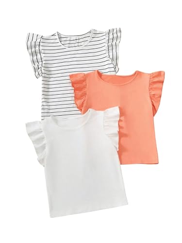 OYOANGLE Girl's 3 Pack Ruffle Cap Sleeve T-Shirt Crew Neck Summer Tee Shirt Striped Tops