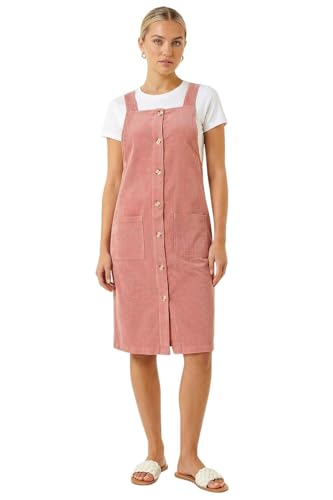 Roman Originals Corduroy Pinafore Midi Dress for Women UK - Ladies Everyday Autumn Winter Square Neckline Comfy Soft Evening Vacation Work Party Night Out - Rose - Size 12