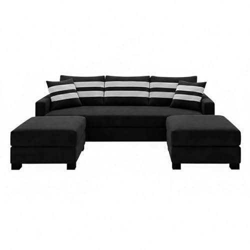 Image of Kassian Rich Velvet Suede 3 Seater Sofa Set with 2 Ottomans | Spacious Soft Touch Comfort Seating | Modern Sofa for Living Room (Black)