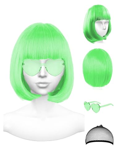 NSODREEM Featured Wigs and Party Sunglasses, Cosplay Color Bob Wig and Party Rainbow Wig with Neon Glasses for Women - Bachelorette Party Wigs Decorations Favors (Light Green)