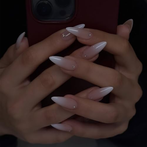 IMSOHOT long stiletto nails with nude white ombre and tiny rhinestones