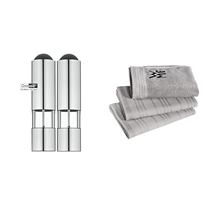 WMF Elektrische Mühle Set 2-teilig, 21 cm, Salz und Pfeffermühle unbefüllt, LED-Leuchte, Cromargan Edelstahl matt, Glas & Küchenhandtuch-Set 3-teilig, Handtuch, Geschirrhandtuch, Baumwolle