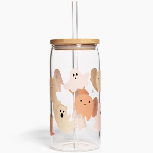 Sweet Water Decor Pink Ghost Can Glass Cup with Bamboo Lid and Straw - Iced Coffee Glass with Ghost Pattern for Seasonal Brew & Festive Cocktail - Halloween Glass Cups Designed in the USA - 17oz
