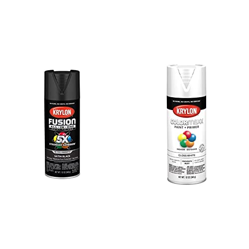 Krylon K02732007 Fusion All-In-One Spray Paint for Indoor/Outdoor Use, Satin Black 12 Ounce (Pack of 1) & K05545007 COLORmaxx Spray Paint and Primer for Indoor/Outdoor Use, Gloss White
