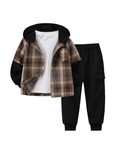 Image of 2Pcs Kids Boys Flannel Plaid Shirt Tops Pants Set Hoodie Sweatsuit for Fall Winter Spring Outfits 4-12 Years