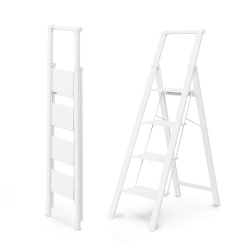 WOA WOA 4 Step Ladder, Ladders for Home, Anti-Slip Aluminum Pedals, Step Stool Foldable, Lightweight to Move, Ease of Storage, Reach 9ft for Closet Kitchen Library, Hold 300lbs - White