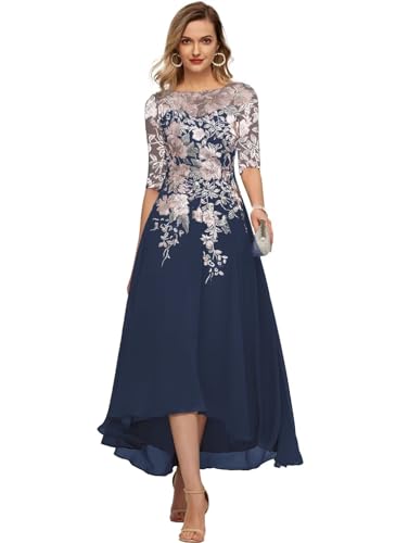 Tea Length Mother of The Bride Dresses Embroidery Chiffon Appliques Half Sleeves Formal Evening Dress A Line