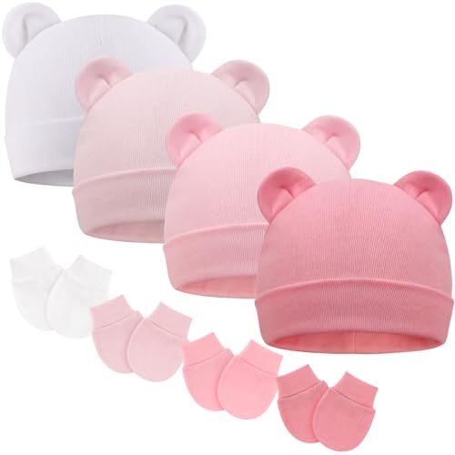Image of AQOKKA Newborn Baby Bear Ear Hat and Mitten Sets No Scratch Infant Cotton Beanie Gloves Newborn Hospital Hat for Boy Girl