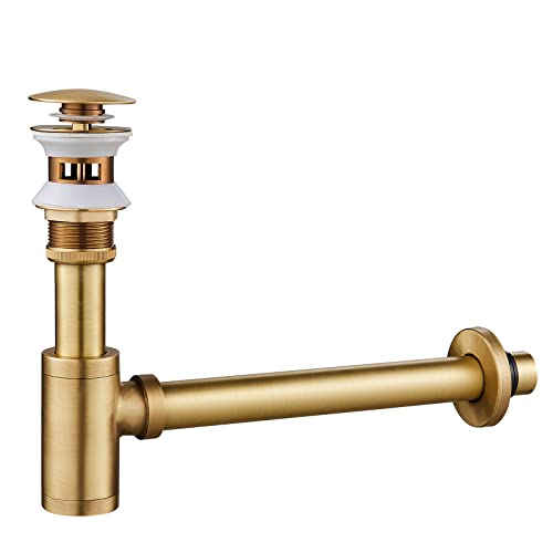 MENATT Bathroom Sink P-Trap Complete Set, Solid Brass 1-1/4 Bottle Trap Sink Drain Kit with Overflow Pop Up Drain Stopper, Antique
