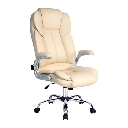 Artiss Ergonomic Office Chair with Flip-up Arms, Leather Computer Chair Executive High Back 135° Reclining Comfy Desk Chair, Swivel Rolling Chair for Home Office, Beige