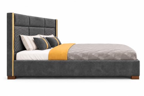 Image of Royal Modern Upholstered Queen Size Bed with Hydraulic Storage for Bedroom | Wooden Double Beds for Home & Hotels | Platform Cot Bed with Upholstery Fabric, 6.5 x 5 Ft | Sheesham, Grey