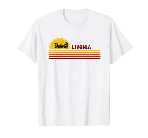 Ciudad retro con logotipo vintage de puesta de sol de Livonia Camiseta