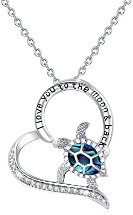 AOVEAO Turtle Necklace 925 Sterling Silver Ocean Sea Turtle Pendant Necklace,Heart I Love You to The Moon and Back Necklace,Hawaii Beach Theme Turtle Jewelry Gifts for Women Girls Turtle Lovers
