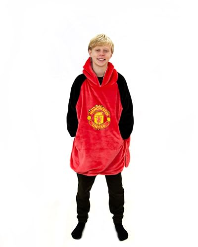 Manchester United FC Hugzee Oversized Wearable Hooded Fleece Super Warm and Cosy Premium Sherpa Lined, Design Perfect For Kids Aged 7-12 Years, One Size Suggested Height 75cm+, Red