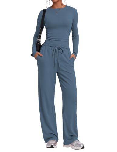 LOMON LOMON Women's 2 Piece Wide Leg Pants Matching Lounge Set Long Sleeve Top