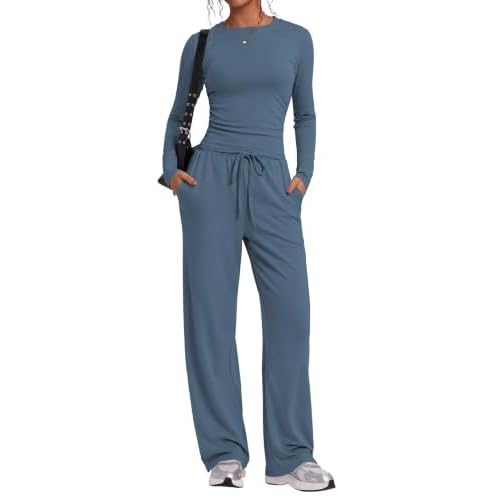 LOMON Women's 2 Piece Wide Leg Pants Matching Lounge Set Long Sleeve Top