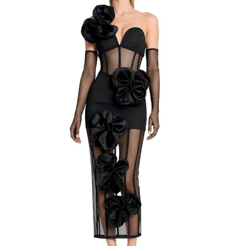 Women's Floral Mesh Corset Midi Dress Asymmetrical Bodycon Party Dress XL