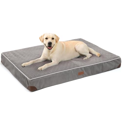 FUKUMARU Dog Bed, Thickened Corduroy Orthopedic Dog Beds with Washable Cover, XL Waterproof Dogs Bed for Crate, 28D Egg Crate Foam Support Pet Mat, Cozy Pet Bed Pad with Anti-Slip Bottom, Grey
