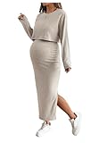 GORGLITTER Women's Maternity Co Ord Sets Rib Knit Long Sleeve Tee and Slit Long Skirt Sets 2 Piece Tracksuits Khaki X-Large