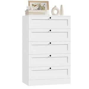HOCSOK Chest of Drawers, 111 cm Tall Dresser with 5 Drawers, White Storage Cabinet, Wooden Cupboard for Bedroom,Living Room, Hallway, Kids room, 74x40x111 cm
