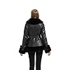 GRAN ORIENTE Women's Faux Leather Jacket with Faux Fur Collar, Winter Long Sleeve Furry Trim Peplum Parka Coat with Belt