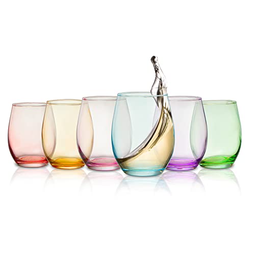 Colored Wine Glass Set, Large 12 Oz Glasses Set Of 6, Unique Italian Style Tall Stemless For White& Red Wine, Water, Margarita Glasses, Color Tumbler, Beautiful Glassware (Stemless) #TOP7