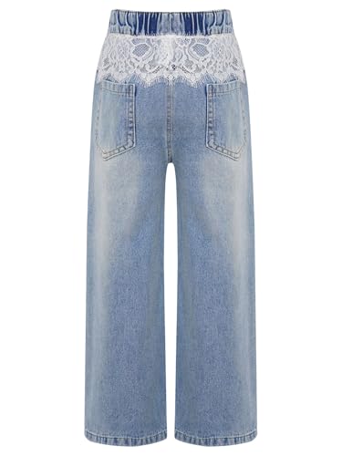 Aislor Kids Girls Baggy Vintage Denim Trousers Lace Wide Leg Denim Jeans Elastic Waist Casual Denim Pants Bottoms4