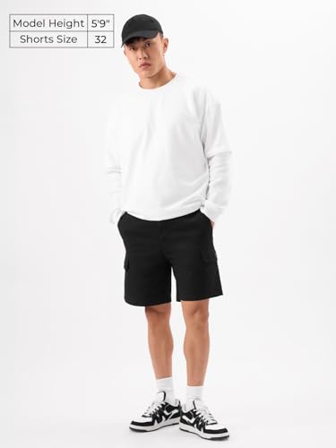 Image of The Souled Store Solids: Deep Black Men and Boys Cotton Blend Knee Length Cargo Shorts