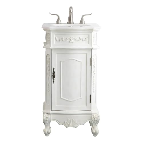 ARS Concepts Fallon 19 Inch Pre-Assembled Bathroom Vanity with Single Sink and Engineered Marble Top, Solid Wood and MDF, Antique White