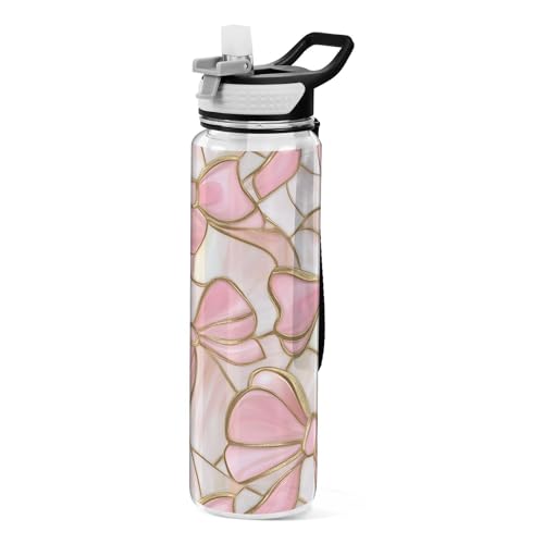 ALAZA Pink Bow Glass Sport Water Bottle with Straw Lid 32 oz Clear Bottle BPA Free Tritan Plastic Leakproof Jugs Large Flip Top for Kids Boys Girls